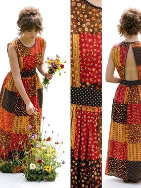 VTG 70s JAPAN Pinafore Calico Patchwork Boho DESIGN HOUSE Prairie Dress Apron OS